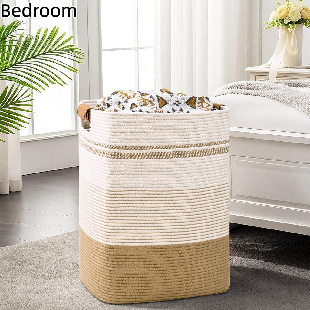 Laundry Hamper, 85L Tall Laundry Basket with Leather Handles, Rectangle Large Clothes Hamper for Organizing, Cotton