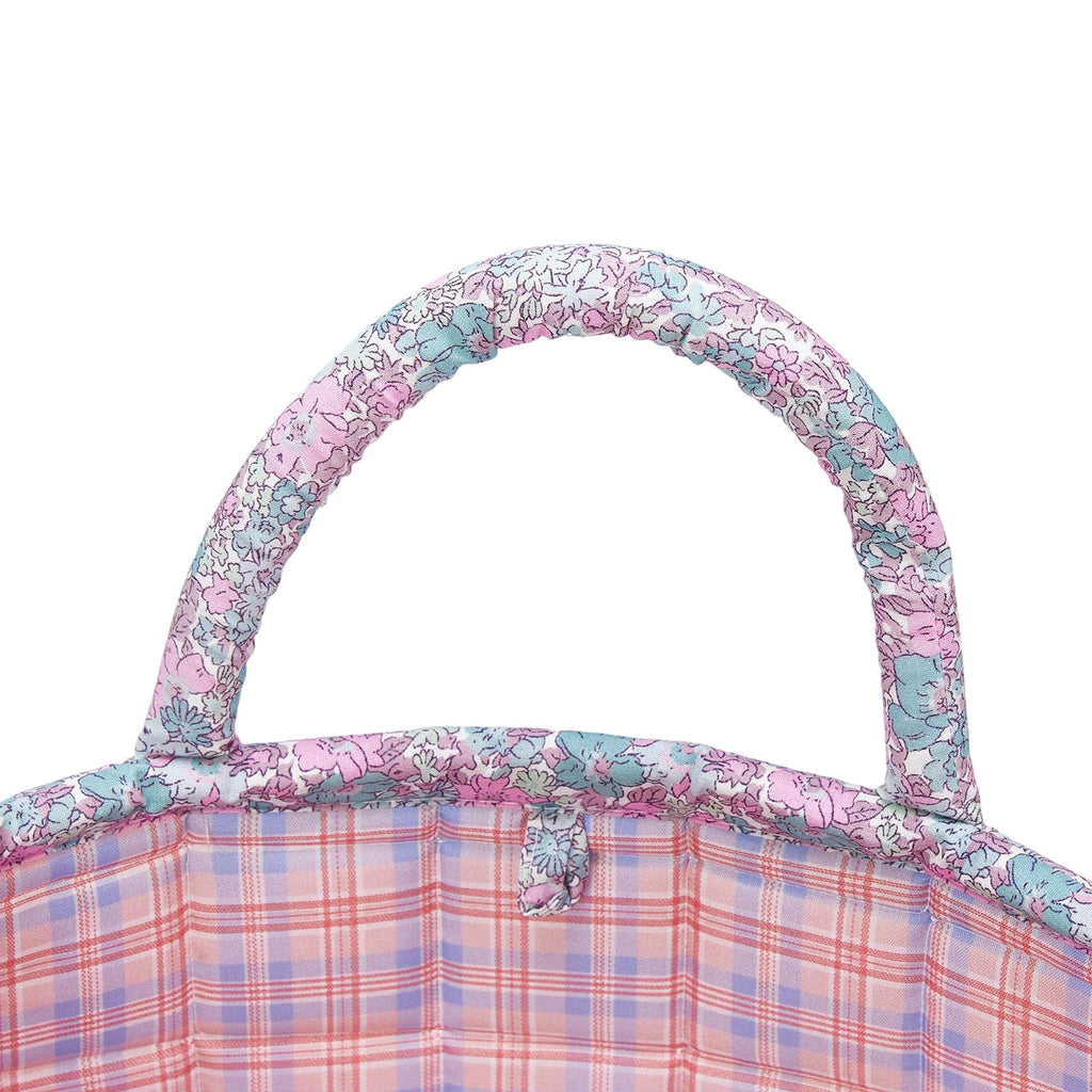 Boho Fabric Storage Basket Quilted Floral Print Baskets Organizer Bin with Handles, Picnic, Shopping (B-Pink
