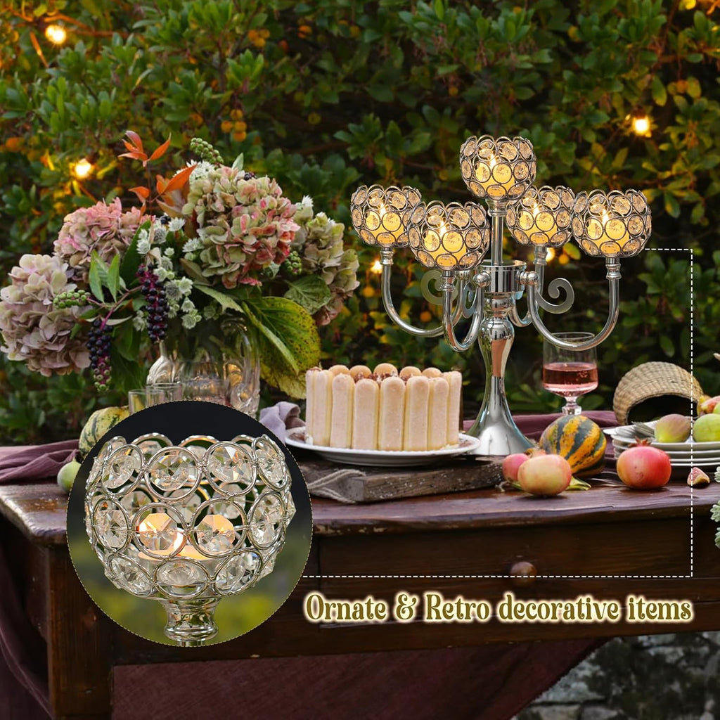 5 Arm Metal Crystal Candelabra Centerpiece - 13.4 Inch Elegant Candle Holder with Crystal Beadsation (2, Silver)