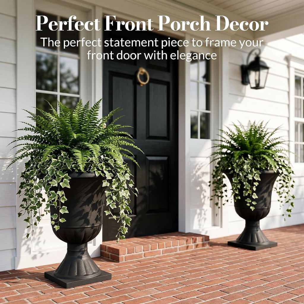 2-Pack Plastic Urn Planters for Outdoor Plants, 22'' Black Tall Round Classic Resin Traditional Flower Pots - 15 in.