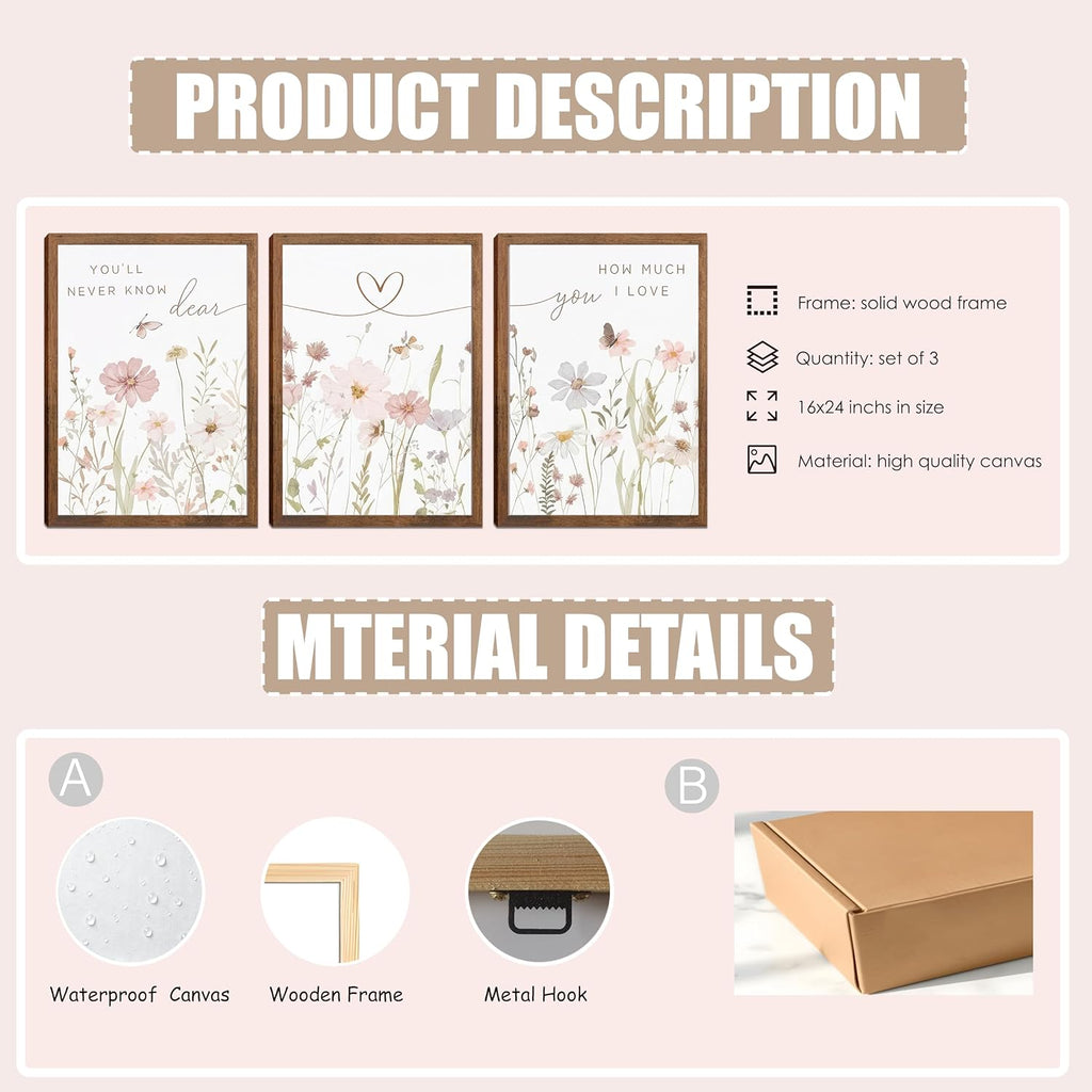Rustic Floral Wall Art Set of 3, Watercolor Wildflower Prints with Heart Line and Inspirational Quotes Neutral