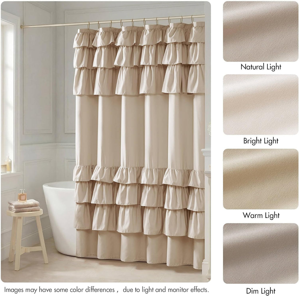 Grace Ruffle Shower Curtain , 72"x 72", Beige | Farmhouse Cottage Top, Machine Washable, Shabby Chic Ruffled Decor
