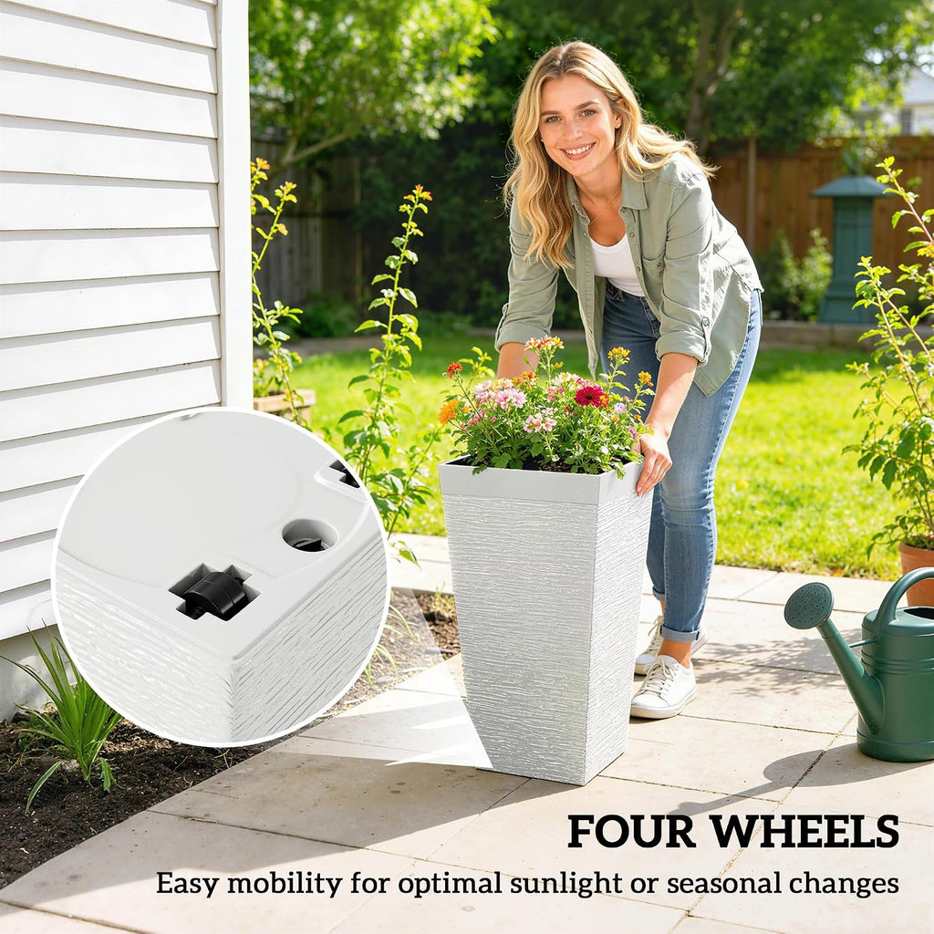 22.8 Inch Tall Planters for Outdoor Plants Set of 3, White | Wheels, Flower Pots, Stone Finish, Stackable Tapered