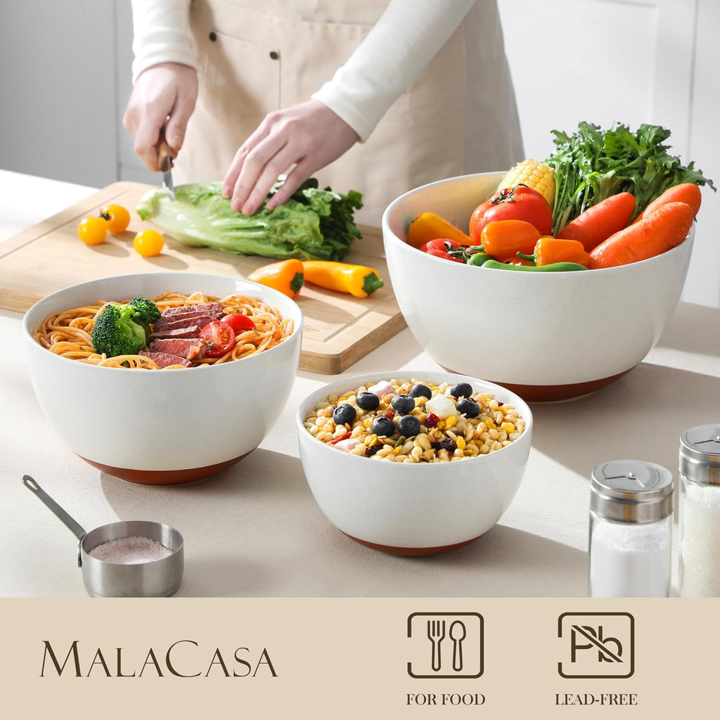 Ceramic Mixing Bowls, Large Serving Bowls for Mixing, Cooking, Prepping, Baking, Salad, Soup, Pasta, Nesting Bowls