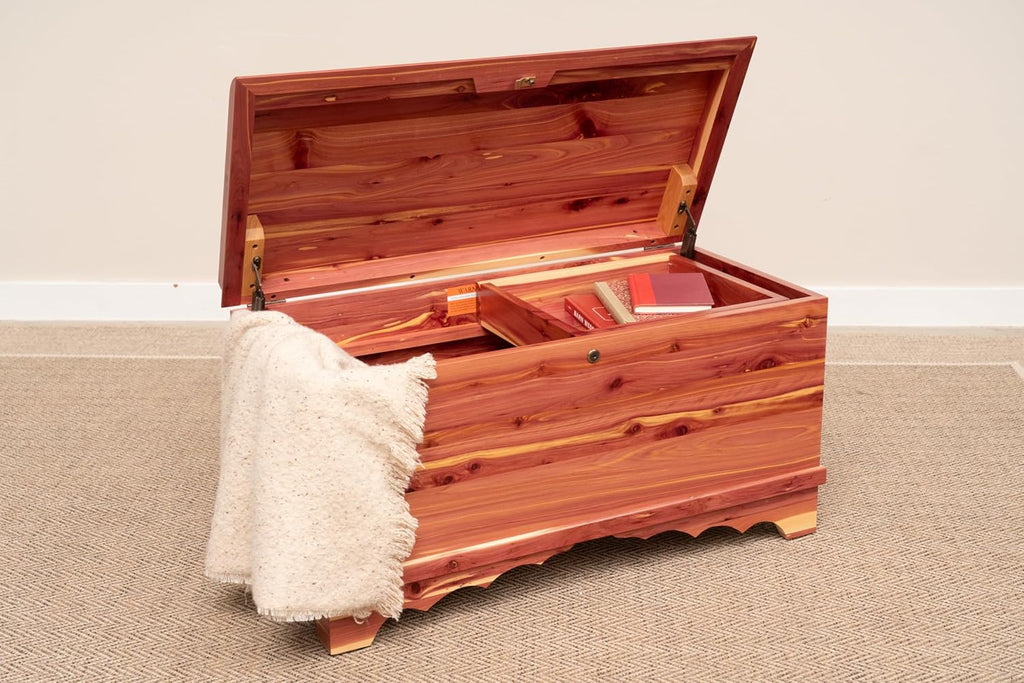Cedar Hope Chest with Waterfall Top and Tray, Amish Made Wooden Storage Trunk Box , Blanket, Clothes, Anti-Slam