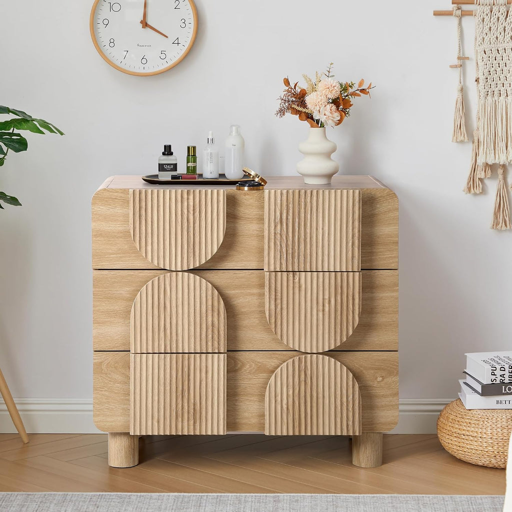 3 Drawer Dressers , 31.5" Wide Large Mid Century Modern Fluted Nightstand, Wood Dresser & Chest of Drawers with
