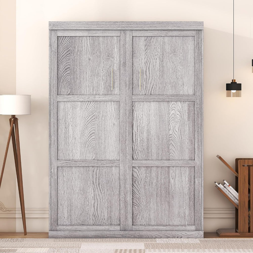 Full Murphy Bed,Modern Hidden Murphy Wall Chest Beds with Space-Saving Design,84.1" Wood Murphy Wall Bed Cabinet with Pinewood Slat Support,for Bedroom,Apartment,Gray