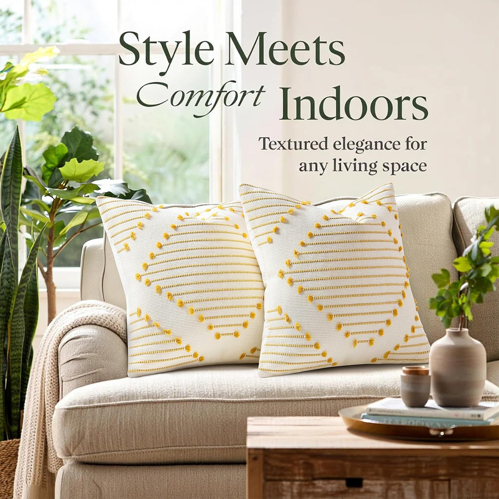 Boho Summer Outdoor Throw Pillow Covers 12X20 Set of 2, Farmhouse Lumbar Pillow Covers, Yellow & White