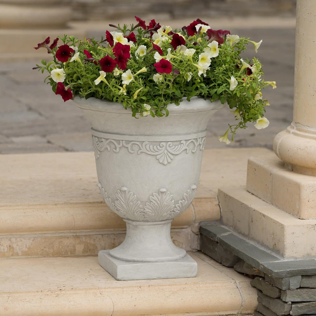 Antique White Urn Planter, Tall Outdoor Flower Pot for Garden and Patio, Classic Pedestal Design, Durable Magnesium