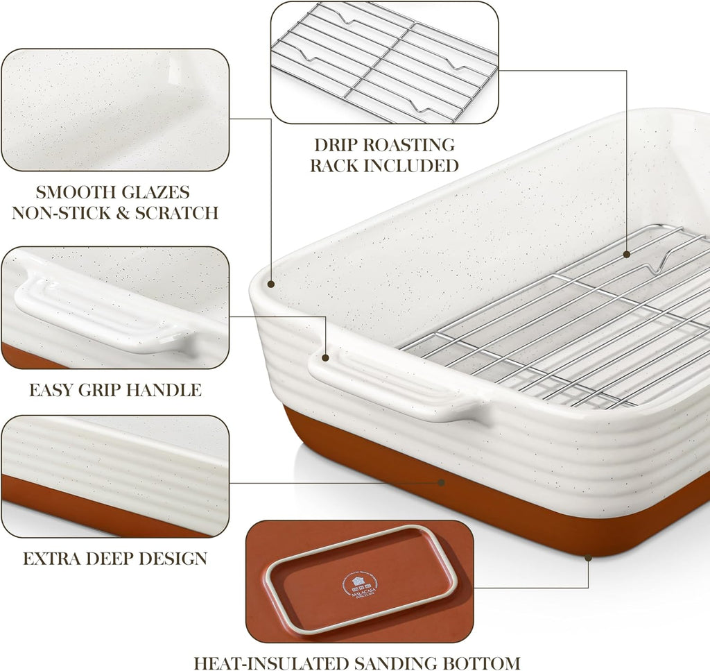 Casserole Dishes for Oven with Roasting Racks, Ceramic Dishes Set of 3, Pan Casserole Dish Set, Rectangular Lasagna