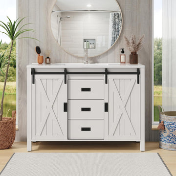 47.2 Inch Bathroom Vanity with Sink Combo, Farmhouse Sliding Barn Door Bathroom Vanity Cabinet