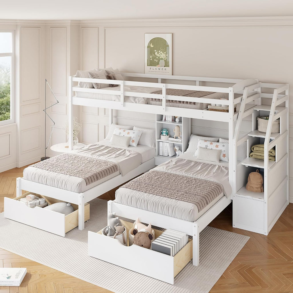 Wood Triple Bunk Bed with Storage Stairs and Drawers Twin Over Twin Over Twin Wooden Bunk Bed with Storage for 3 Kids