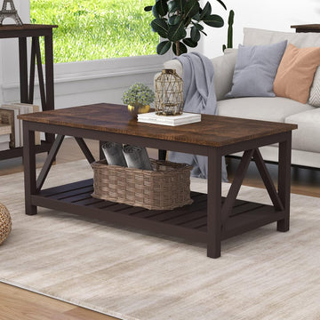 Farmhouse Coffee Table, Rustic Vintage Living Room Table with Shelf, 40 Espresso