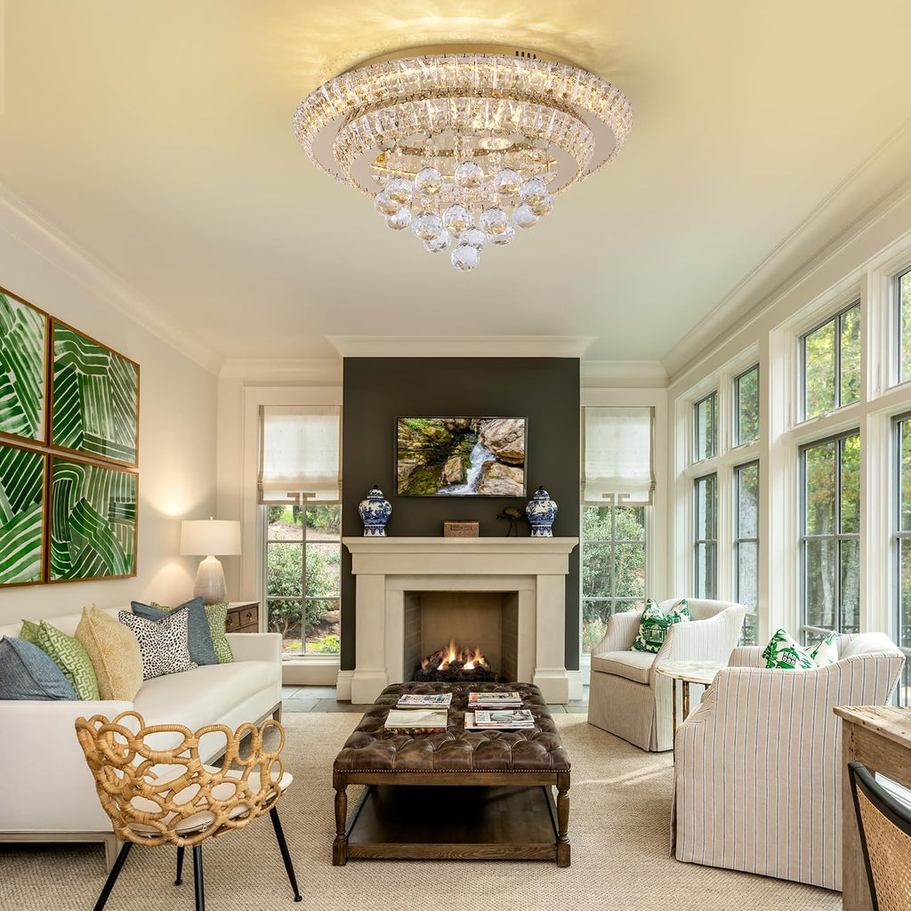 Large LED Crystal Raindrop Ceiling Light,Rose Gold, 20" Elegant Semi Flush Mount Chandelier Light Fixture with Remote