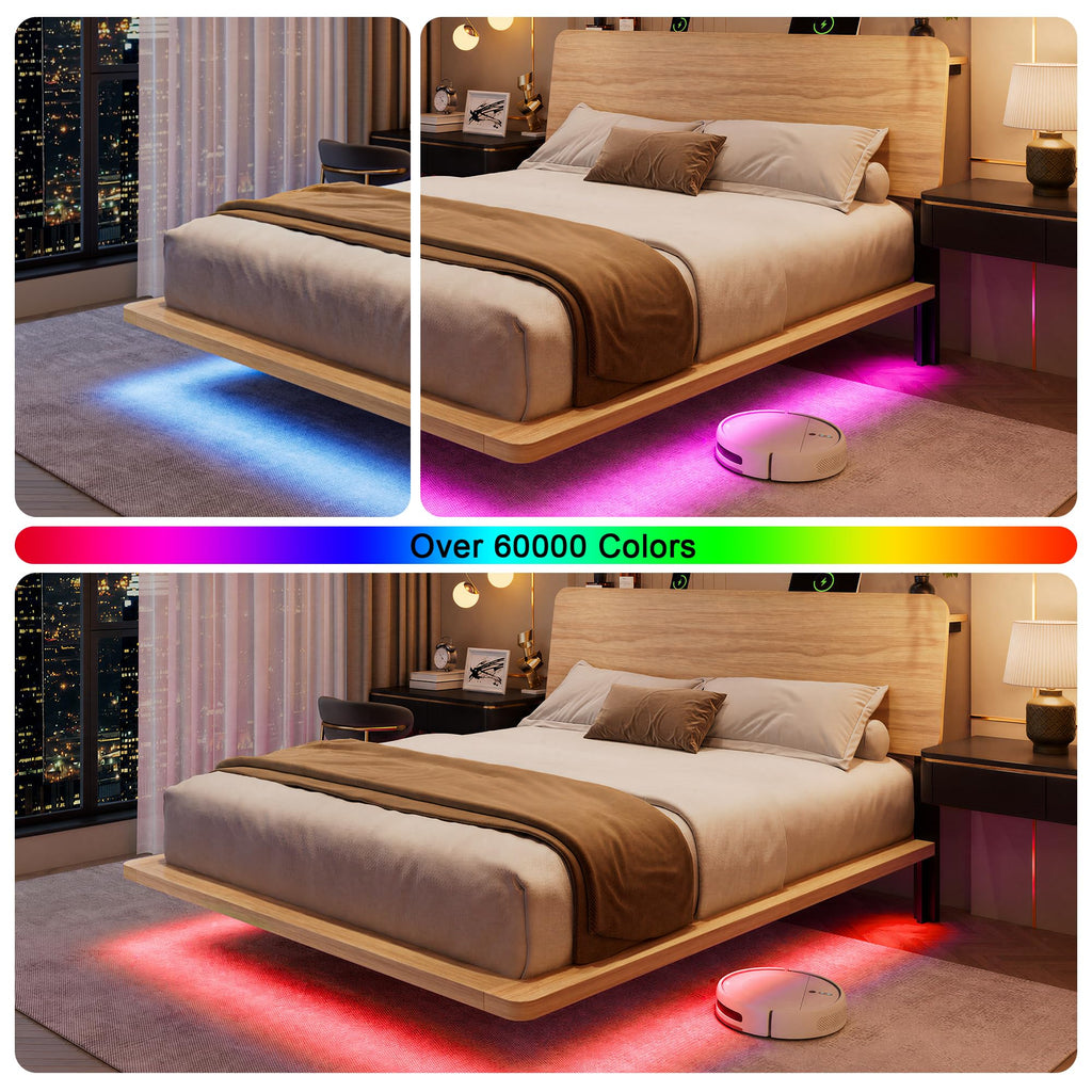 Queen Floating Wooden Bed Frame with LED Lights, Extra-Wide Side Rails & Charging Station, Queen Bed Frame with Storage