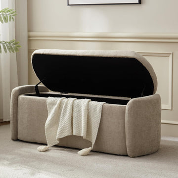 Storage Bench, Upholstered Storage Ottoman Bench with Hinge, Khaki | Ottoman Bench with Large Capacity, Curved Frame
