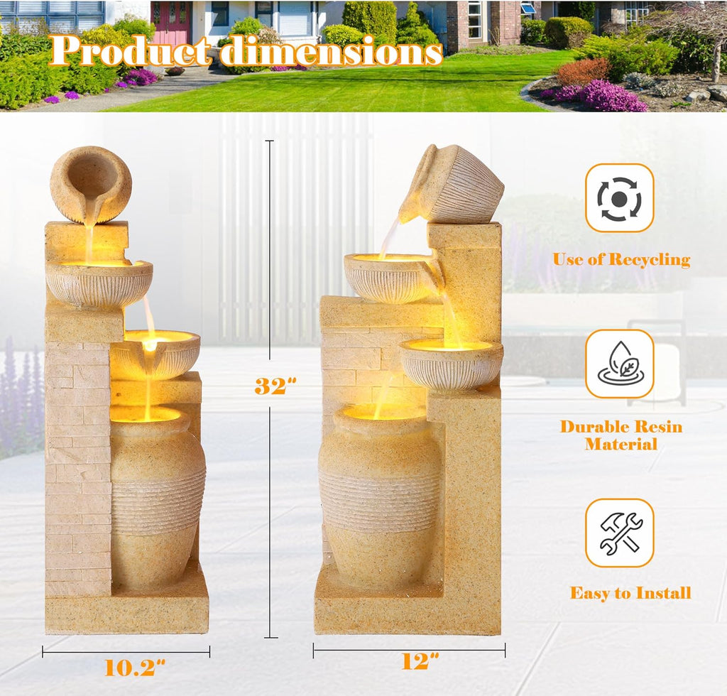 4-Tier Outdoor Garden Water Fountain, 32" H Freestanding Resin Cascading Bowls Fountain with LEDs and Pump