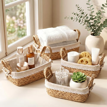 Woven Storage Basket Set of 4, Multi-size Boho Cattail Leaf Baskets with Handles & Liners, Decorative Baskets