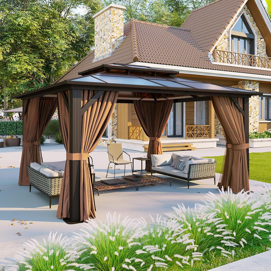 12'x10' Hardtop Gazebo, Aluminum Frame Permanent Pavilion with Curtains and Netting