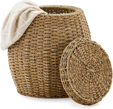 Round Wicker Basket with Lid, Handwoven Seagrass Storage Basket, Blanket Organizer Basket for Laundry, Bathroom