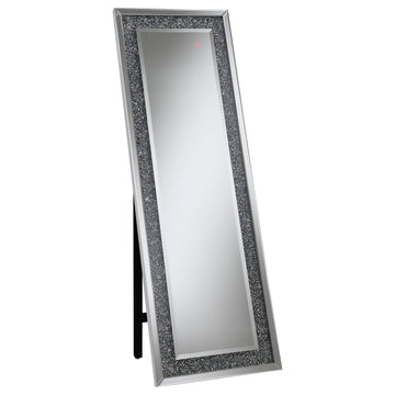 Furnishings Rectangular Full Length Standing Floor Mirror with LED Lighting Acrylic Crystal Inlay Silver 961427