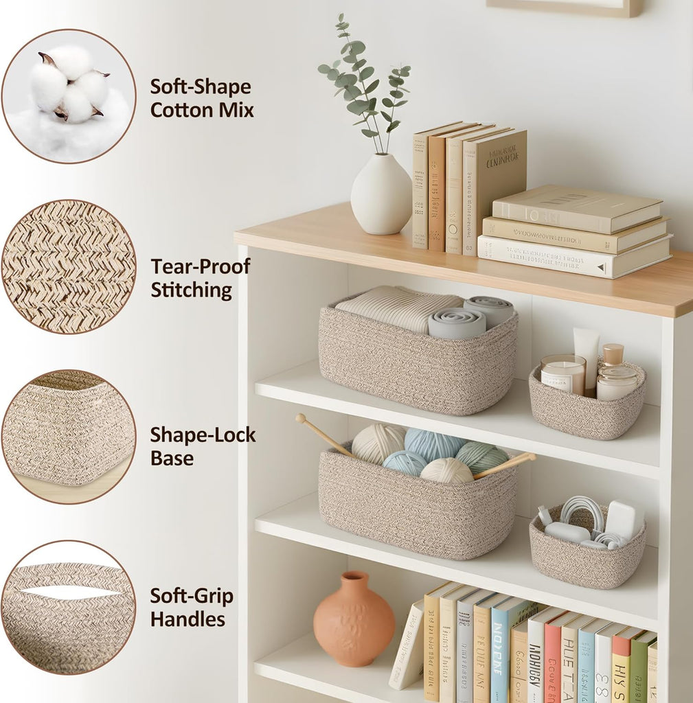 5-Pack Small Woven Rope Storage Baskets, 2 Sizes Organizer Bins | Fabric Cube Boxes and Rectangular Shallow Bins for