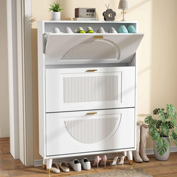 White Narrow Shoe Cabinet Storage with 3 Flip Drawers