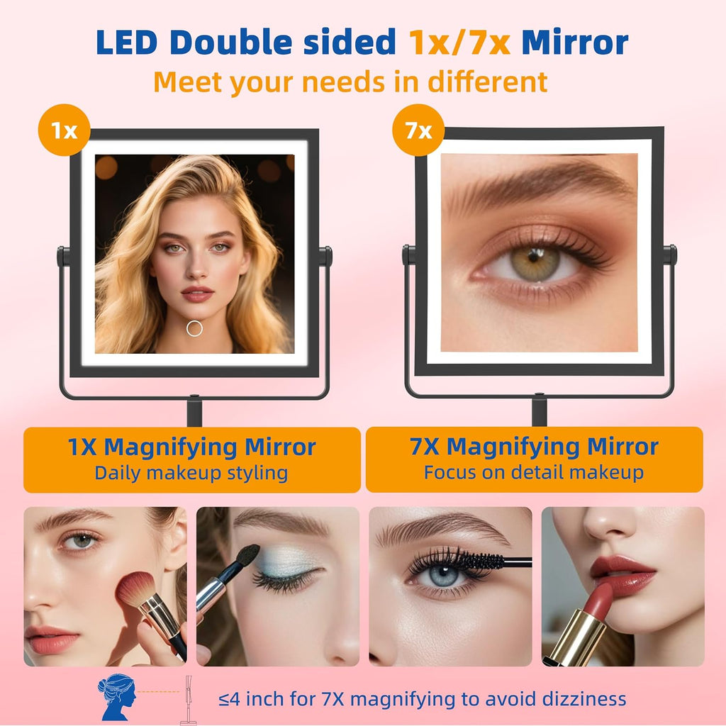 Makeup Mirror with Lights, 4000mAh Rechargeable Magnifying Mirror with Light, 1X/7X, Height Adjustable