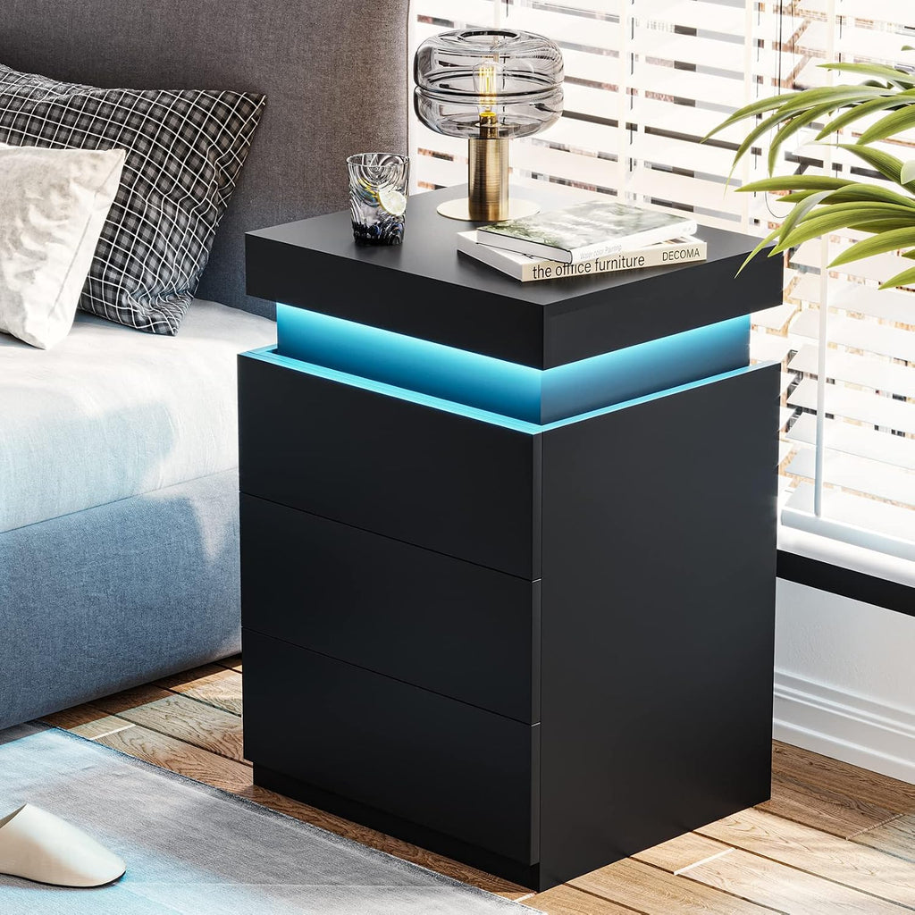 Black Nightstand with Charging Station and LED Lights | Modern Night Stand with Sliding Top,Bedside Table with