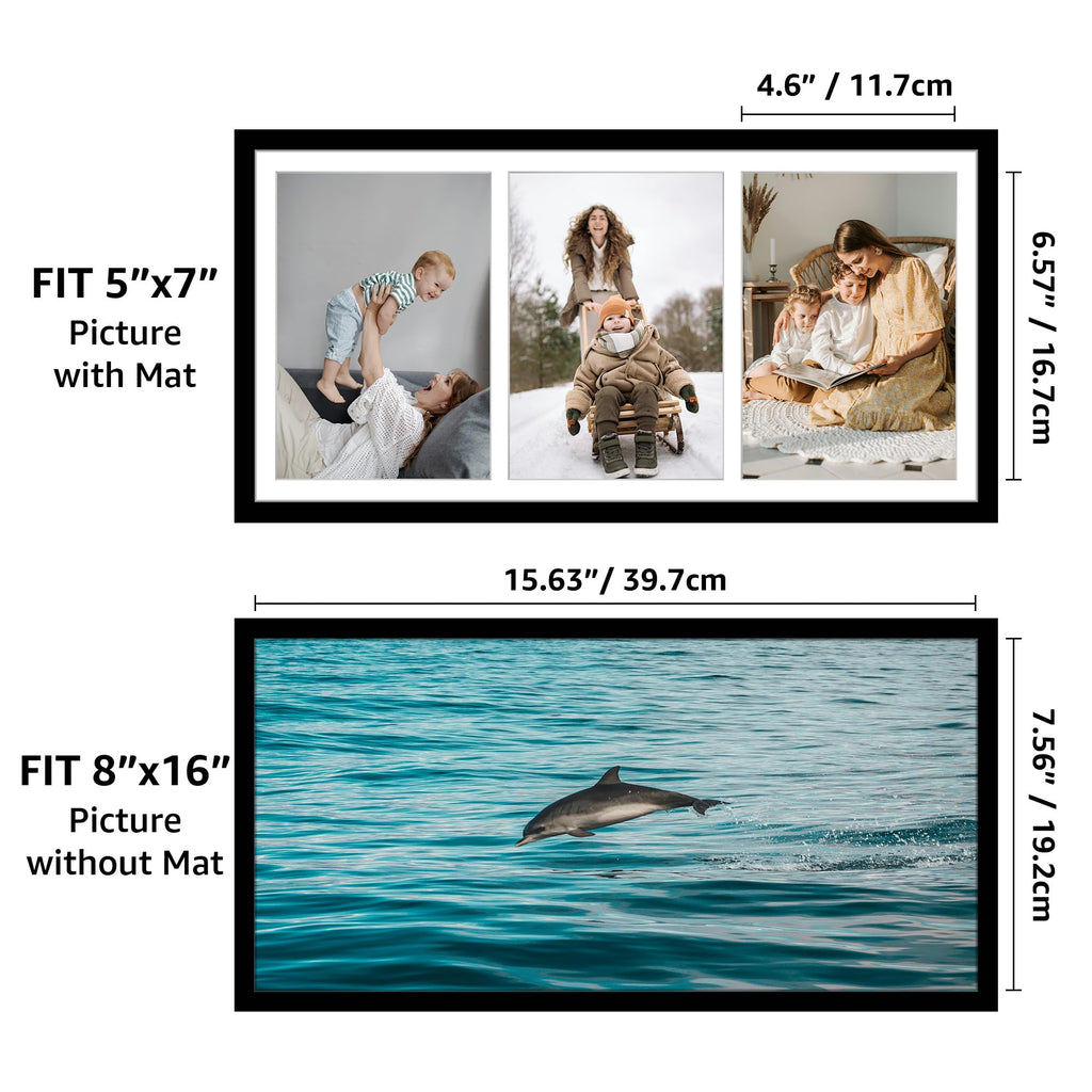 5x7 Three Opening Picture Frame with Mat or 8x16 Frame without Mat, Black 3 Pciture Frame Collage for 5 x 7 Photo