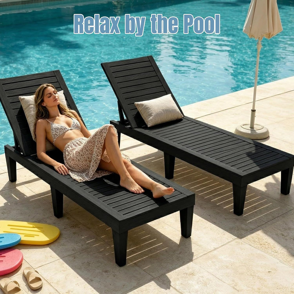 Lounge Chair Outdoor, Set of 2 High-Impact PP Tanning Chairs, Black | All-Weather UV-Resistant & Waterproof Patio