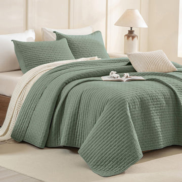 Quilt 128"x120", Stone-Washed Cotton Olive Green Bedspread, Soft Lightweight Extra Large