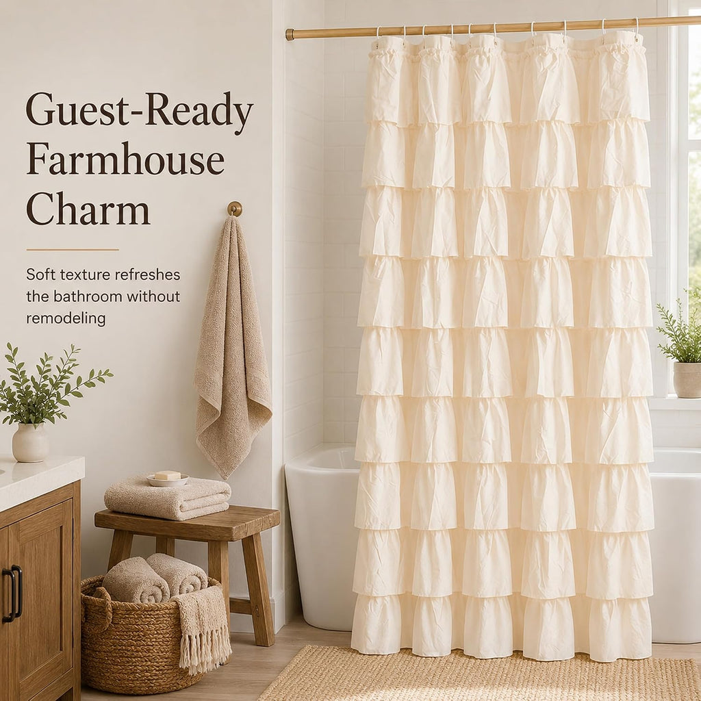 Beige Ruffle Shower Curtain , 72x72, Elegant Ruffled Panle | Soft Cream Color, Cascading Waterfall Ruffles, 72 x 72