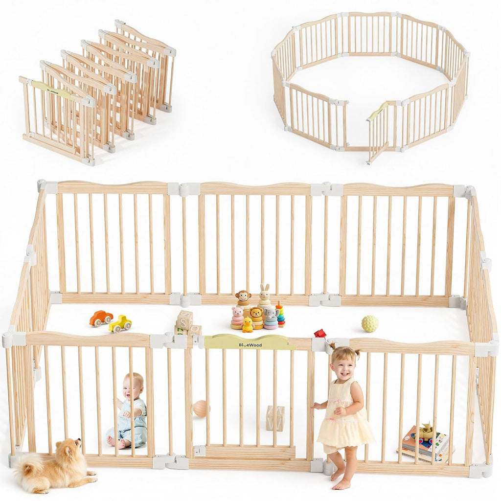 Foldable Wooden Playpen, Natural Pine, 30 x 30 x 24 inches