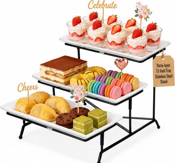 3 Tier Serving Tray, 12" White Plastic Tiered Food Serving Platters, Reusable Tray Stand Black Collapsible Metal