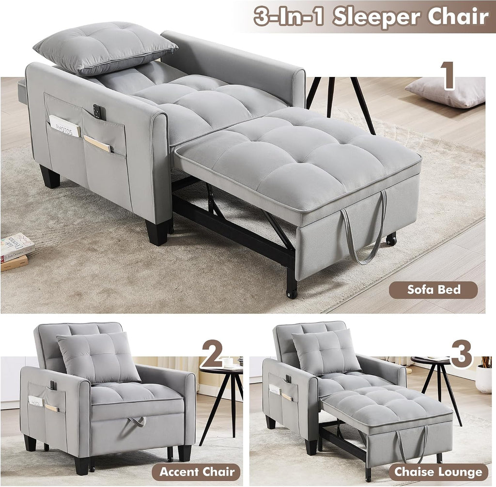 Convertible Sleeper Chair, 3 in 1 Sleeper Chair Bed Pull Out Sofa Bed Chairs, Single Sofa Beds with Adjustable