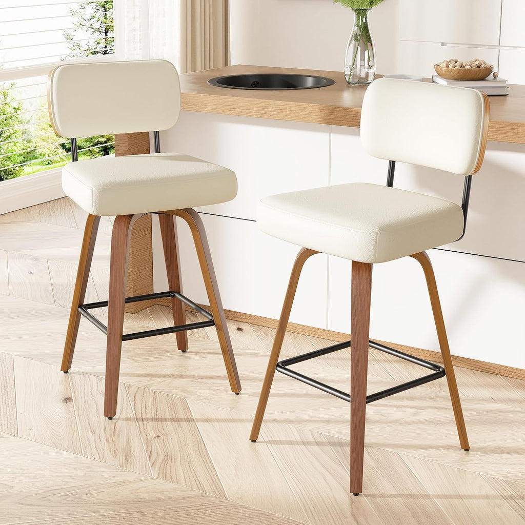 Swivel Bar Stools Set of 2, 26" Upholstered Faux Leather Counter Height Barstools with Walnut Back & Bentwood Legs