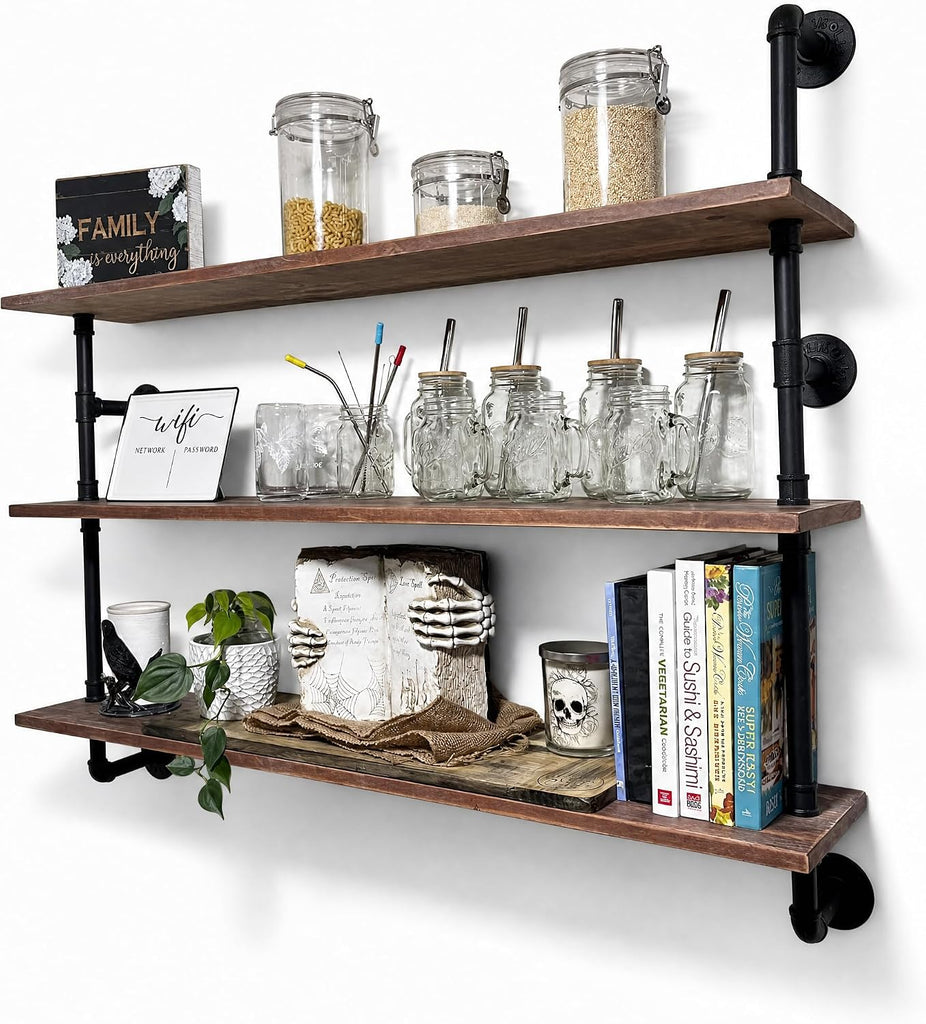 Industrial Pipe Floating Shelves, 48 Inch Rustic Wood Wall Shelf | Real Pine wood shelves with metal pipe brackets