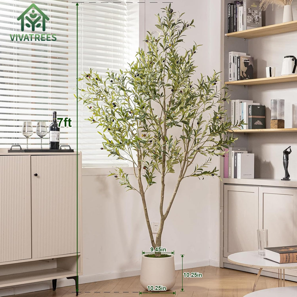 Olive Trees Artificial Indoor, 7FT Tall Faux Olive Tree with White Tall Planter, Artificial Plants with Natural Wood