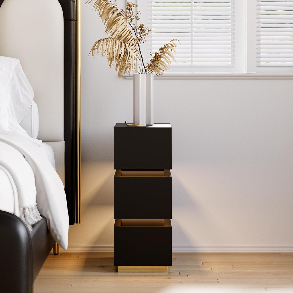 Narrow Smart Nightstand with Wireless Charging, USB & Type-C Ports, Modern LED Bedside Table with 3 Drawers, Black