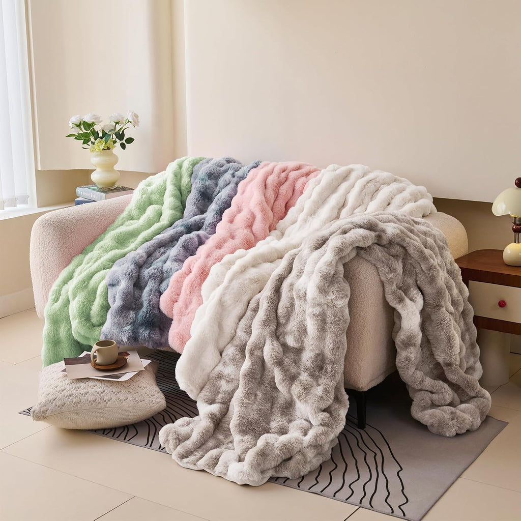 Soft Fluffy Faux Fur Throw Blanket 50"x60", Plush Thick Bubble Textured Blanket, Cozy Fuzzy Luxury Room