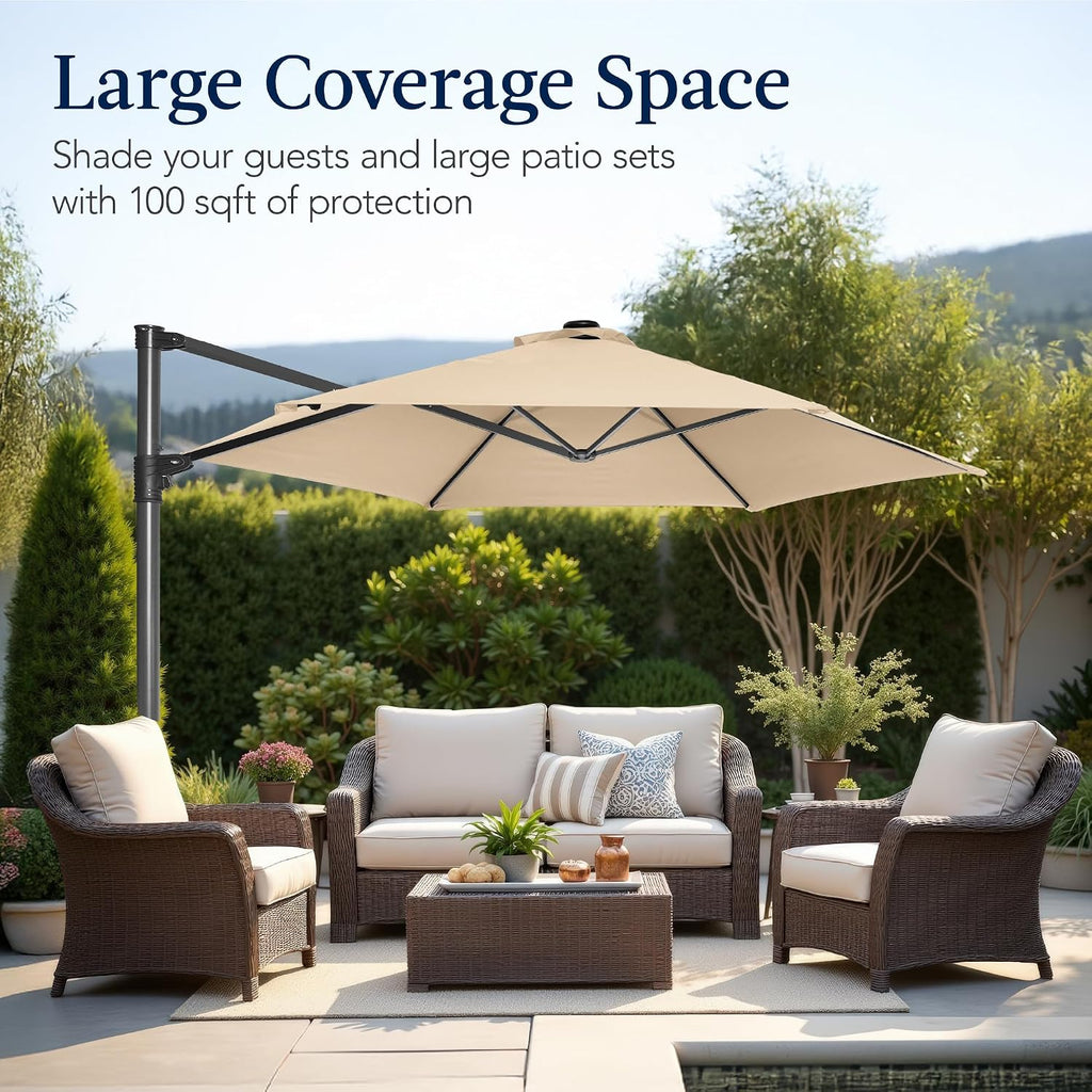 10ft Offset Cantilever Hanging Market Patio Umbrella, Smooth 360° Rotation, 8 Sturdy Ribs, Easy Adjustment - Sand