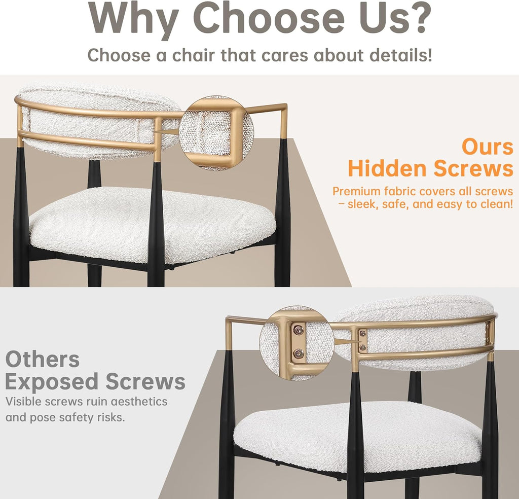 Morden Fort Modern Dining Chairs Set of 2, Upholstered Boucle Dining Chairs with Gold Arms and Black Metal Legs