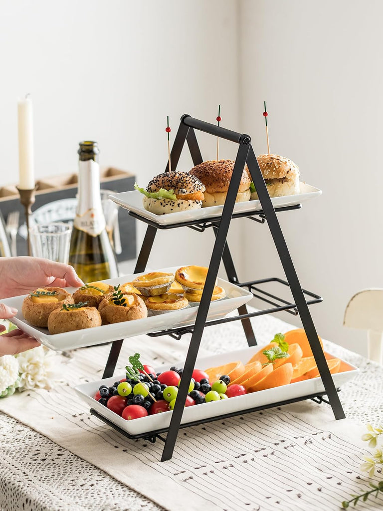 3 Tier Serving Tray Tiered Tray Stand, 10+12+14 Inch, Black | Ceramic Serving Platters and Trays with Metal Rack
