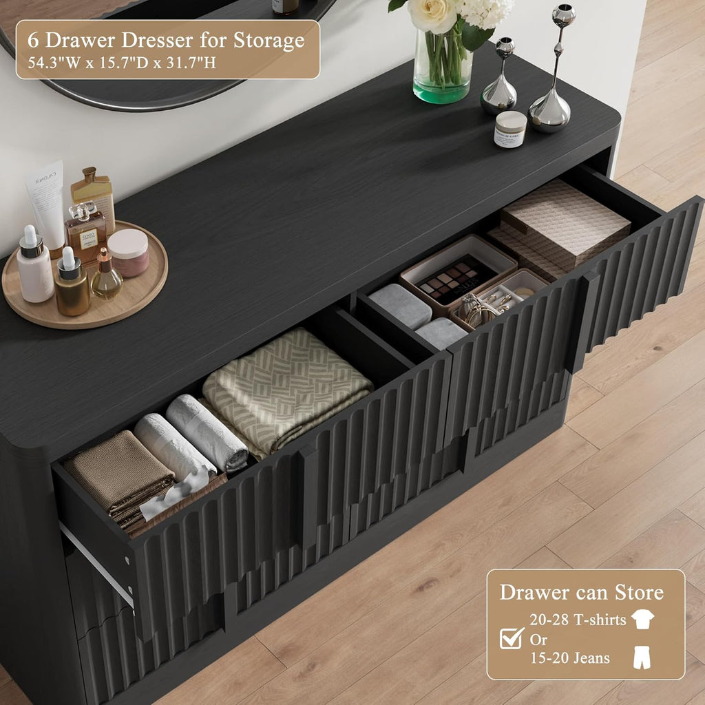 Fluted Dresser , 47" Wide 6 Drawer Dresser, Modern Chest of Drawers with Solid Wood Handle, Curved Profile Design
