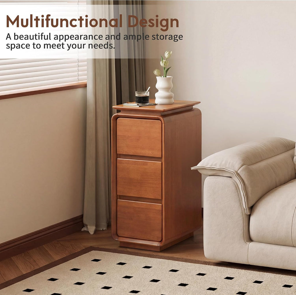 Solid Wood Nightstand, Fully Assembled Narrow Bedside Table with 3 Drawers & Hidden Handles, Mid-Century Modern End