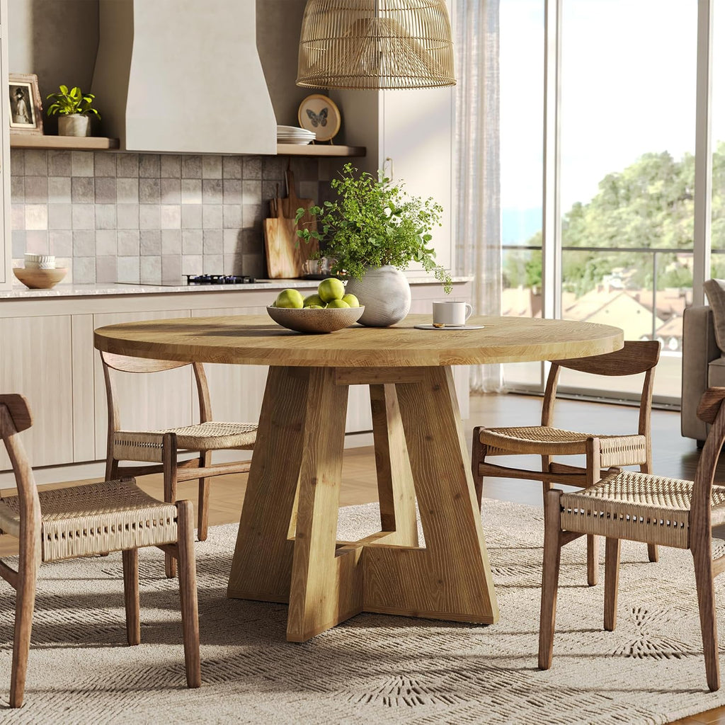Solid Wood Round Dining Table, 47" Farmhouse Kitchen Table for 4-6, Wooden Circle Dinner Table for Dining Room