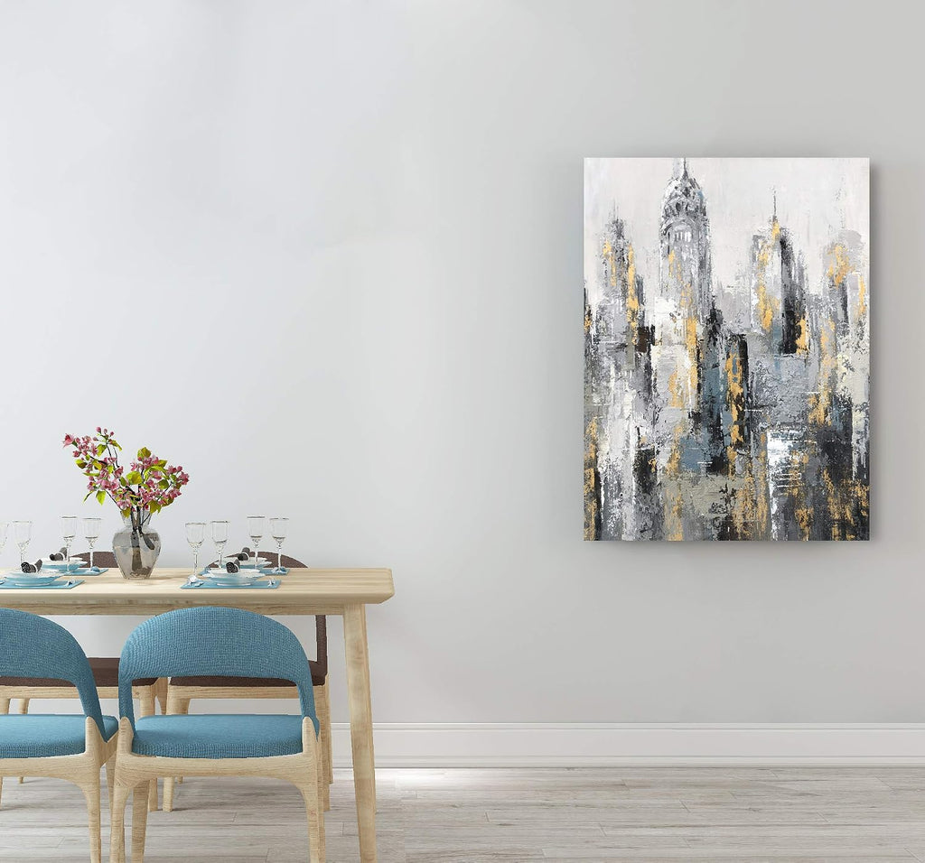 Modern Abstract Cityscape Canvas Wall Art Painting with Gold Foil Hand Painted Building Pictures Decoration
