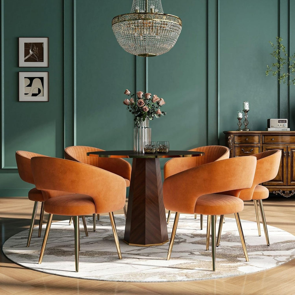 Orange Velvet Dining Chairs Set of 4, Modern Gold Legs Dining Room Chairs with Hollow Back, Upholstered Accent