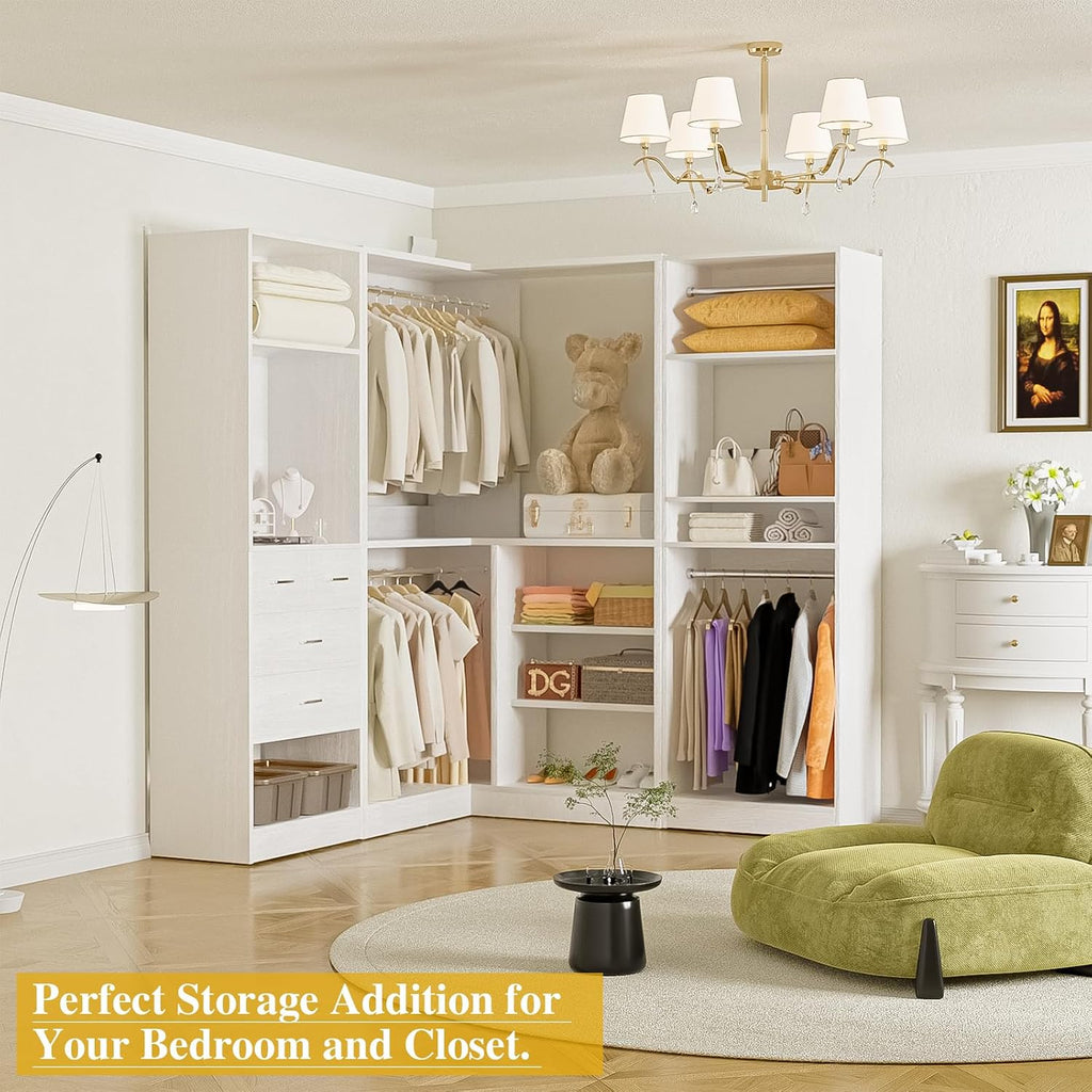 86" Closet System, Large Corner Closets Organizer with Hanging Rods and Mirror Design, Freestanding Adjustable Wood
